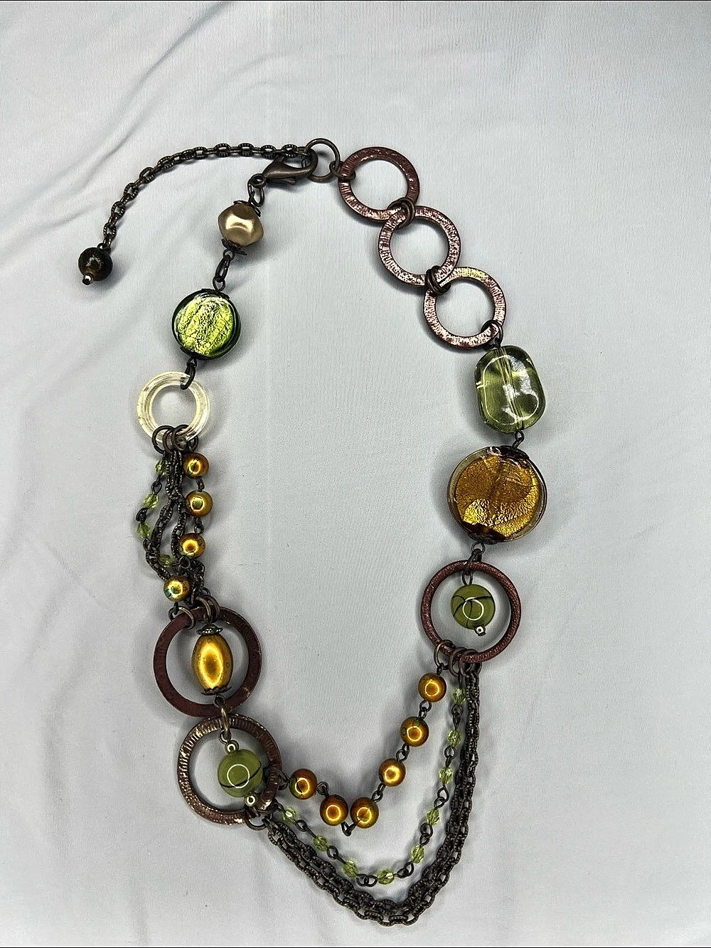 Multi-Strand Statement Necklace in Green & Brown Like New